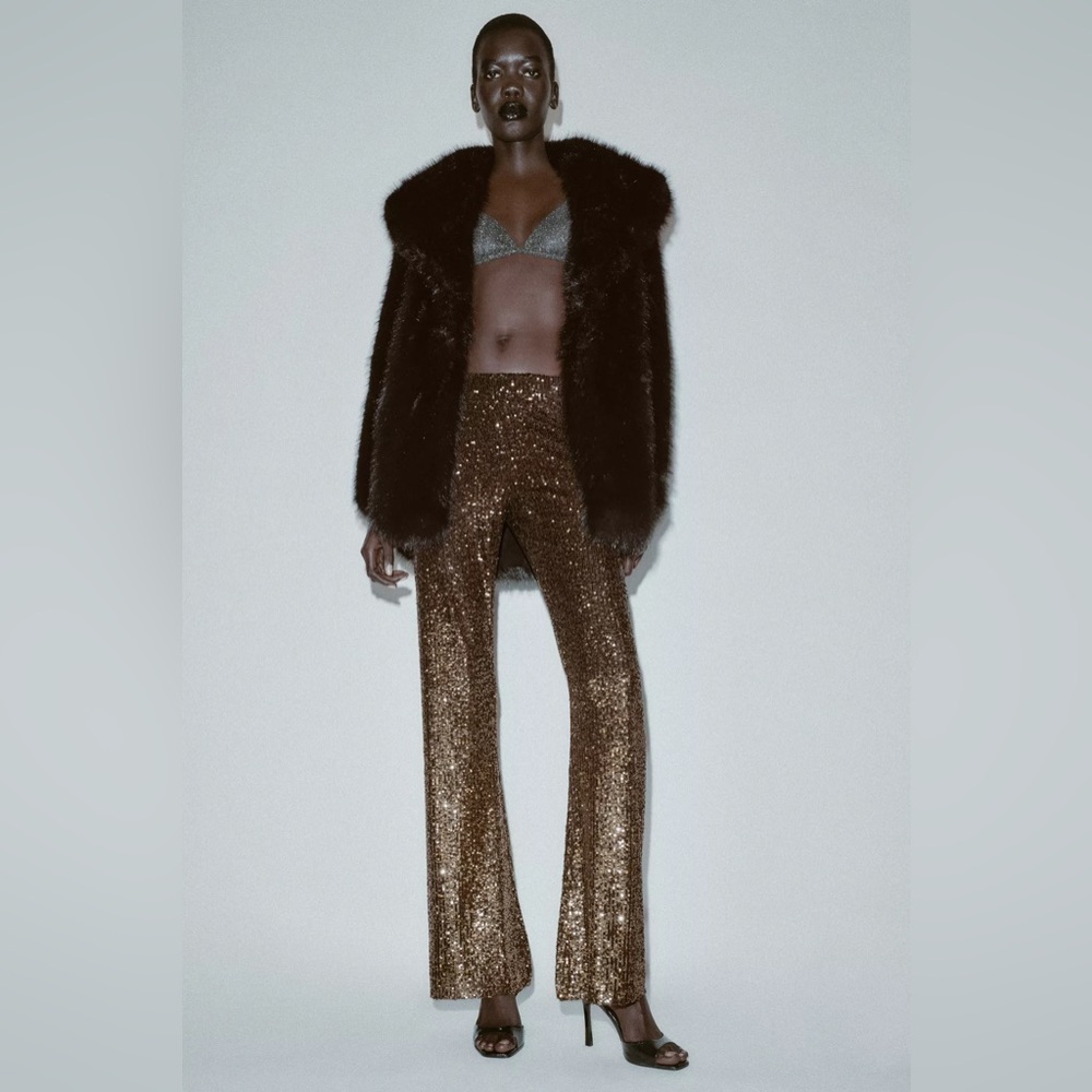 Zara Sequin Flared Pants Leggings  - Gold Size small